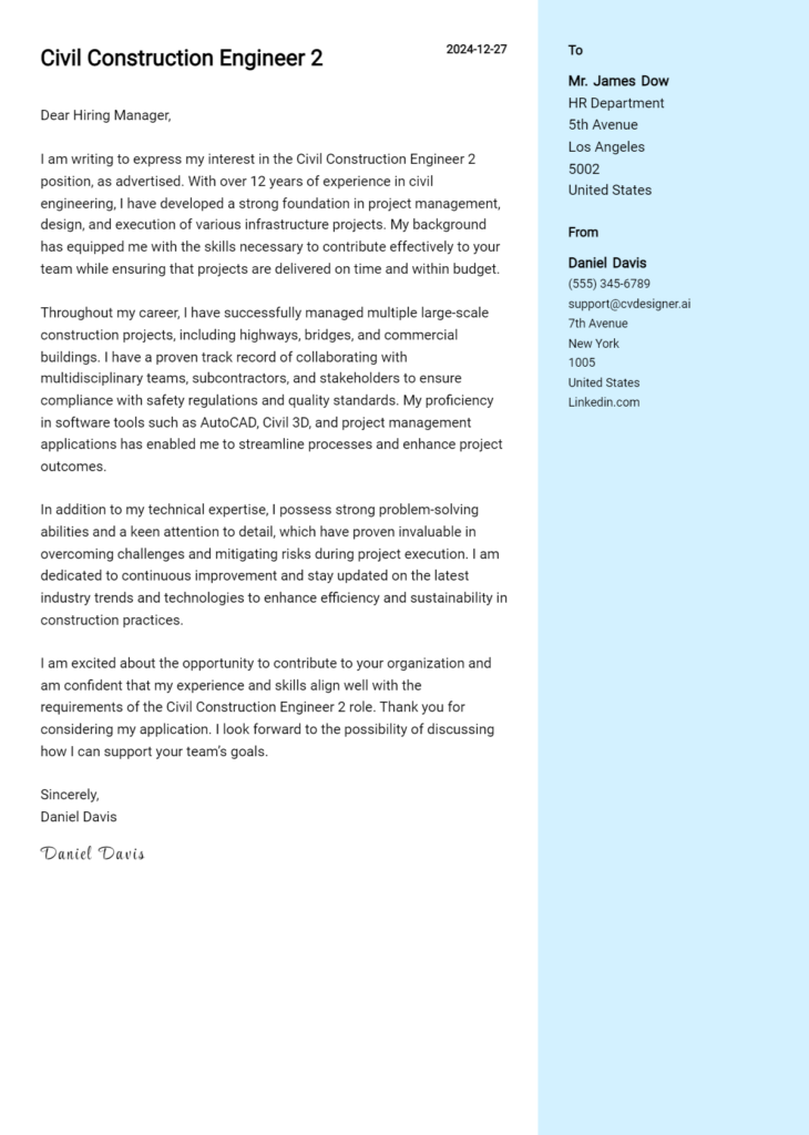 civil construction engineer 2 cover letter example