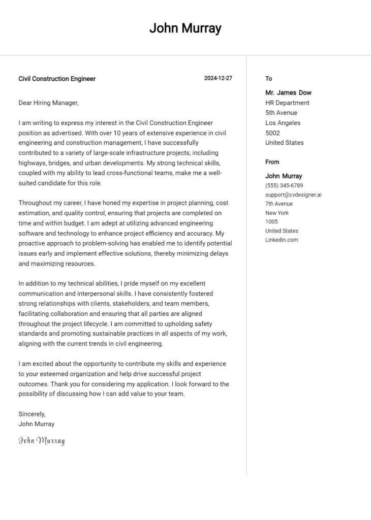 civil construction engineer cover letter example