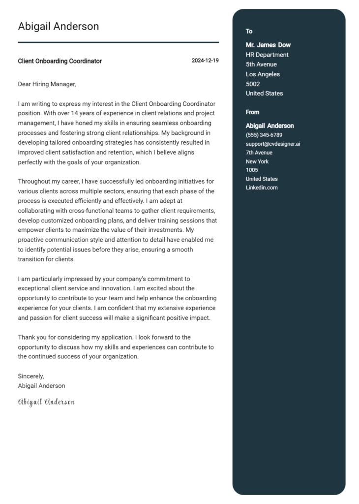 client onboarding coordinator cover letter example