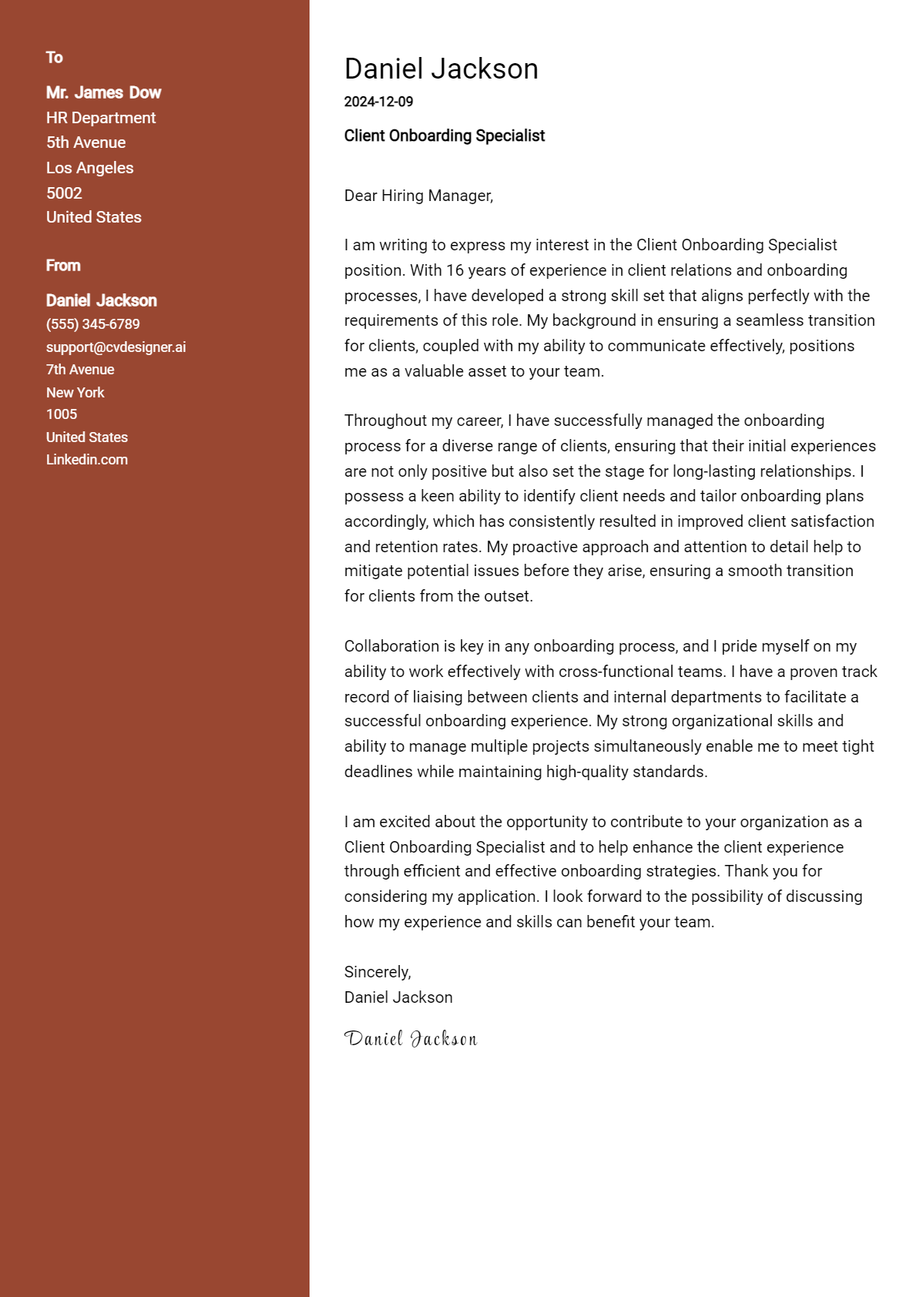 client onboarding specialist cover letter example