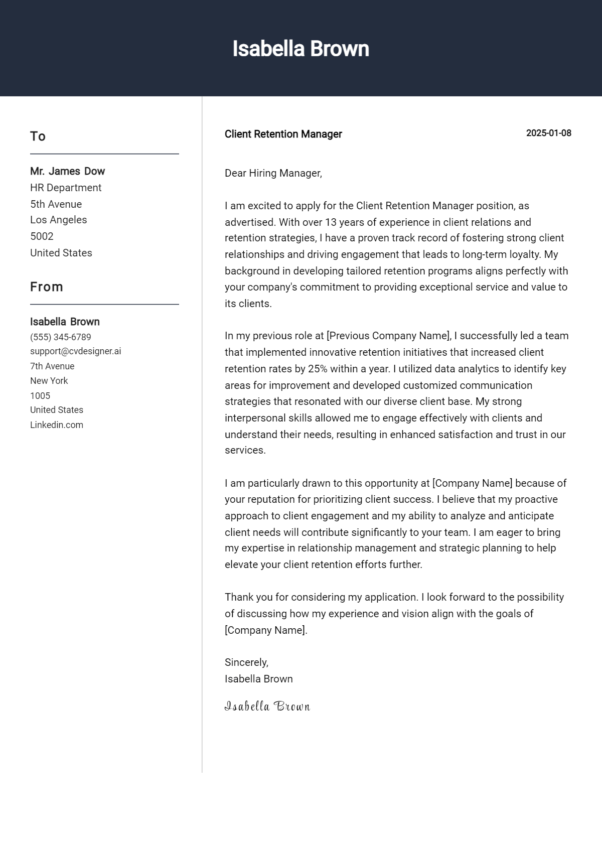 client retention manager cover letter example