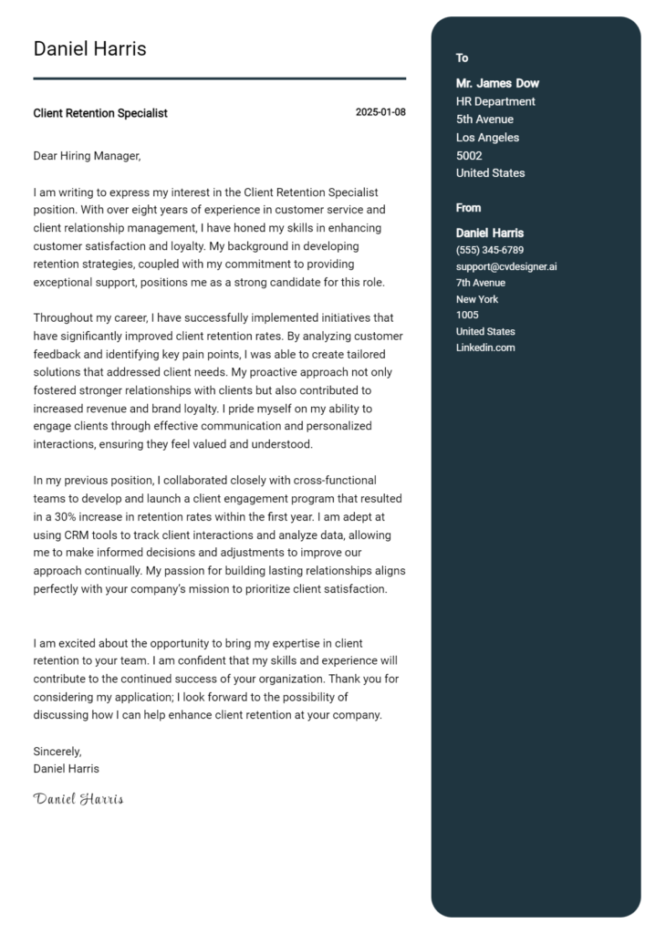 client retention specialist cover letter example