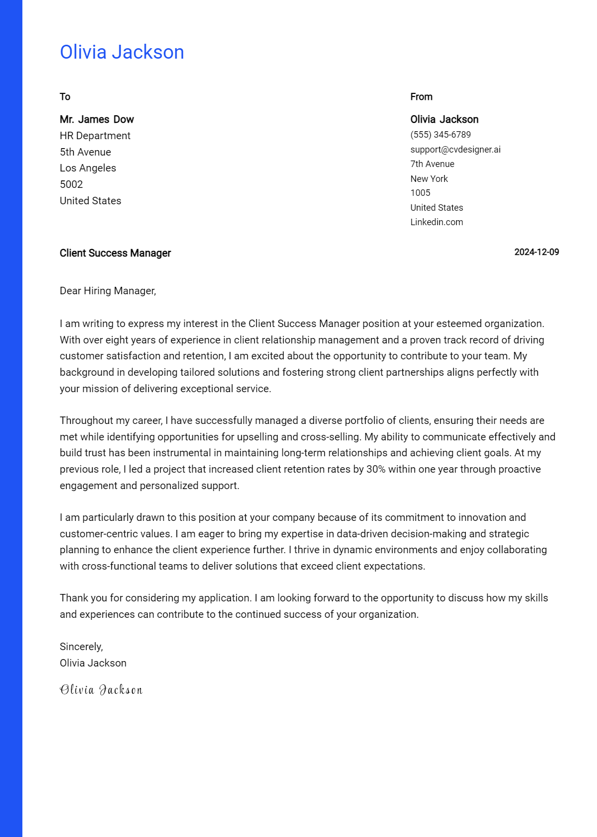 client success manager cover letter example