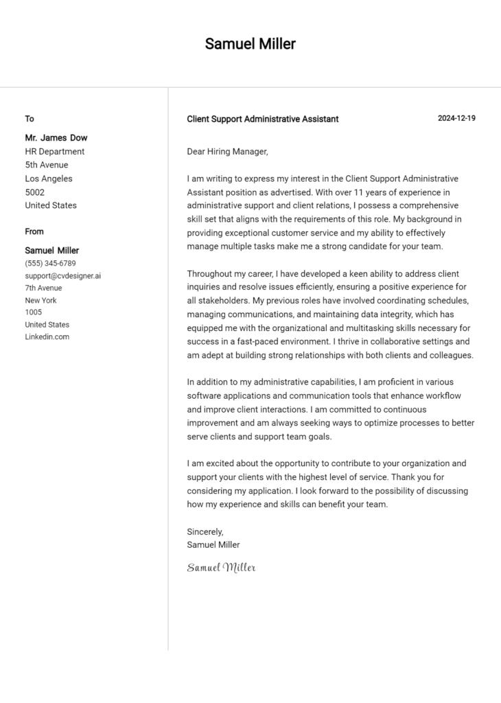 client support administrative assistant cover letter example