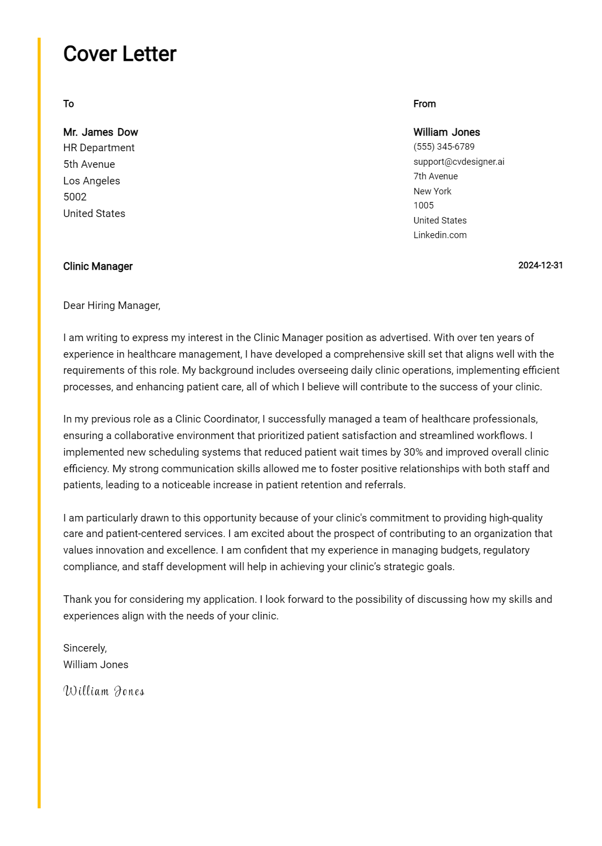 clinic manager cover letter example