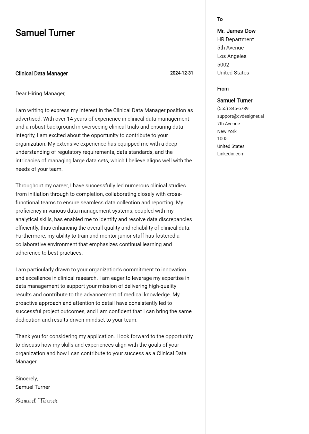 clinical data manager cover letter example