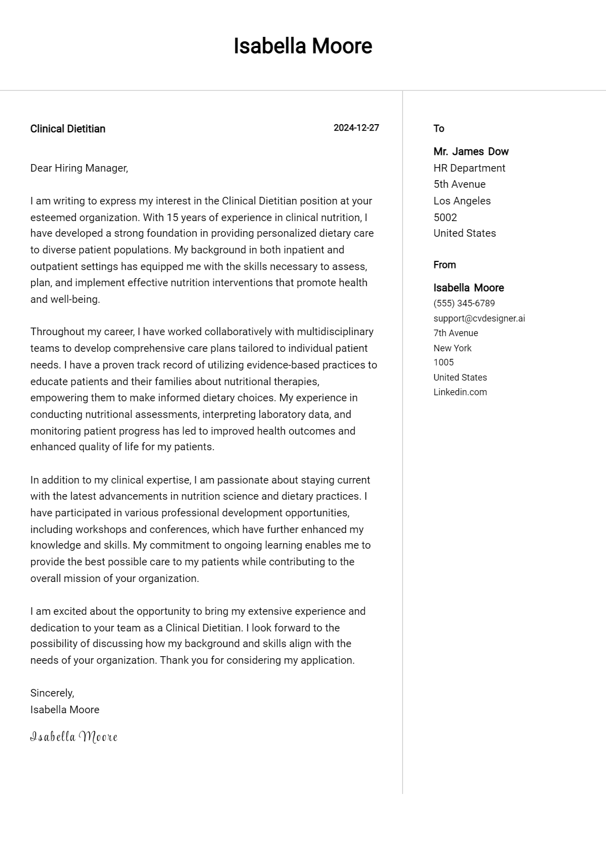 clinical dietitian cover letter example