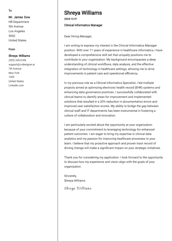 clinical informatics manager cover letter example