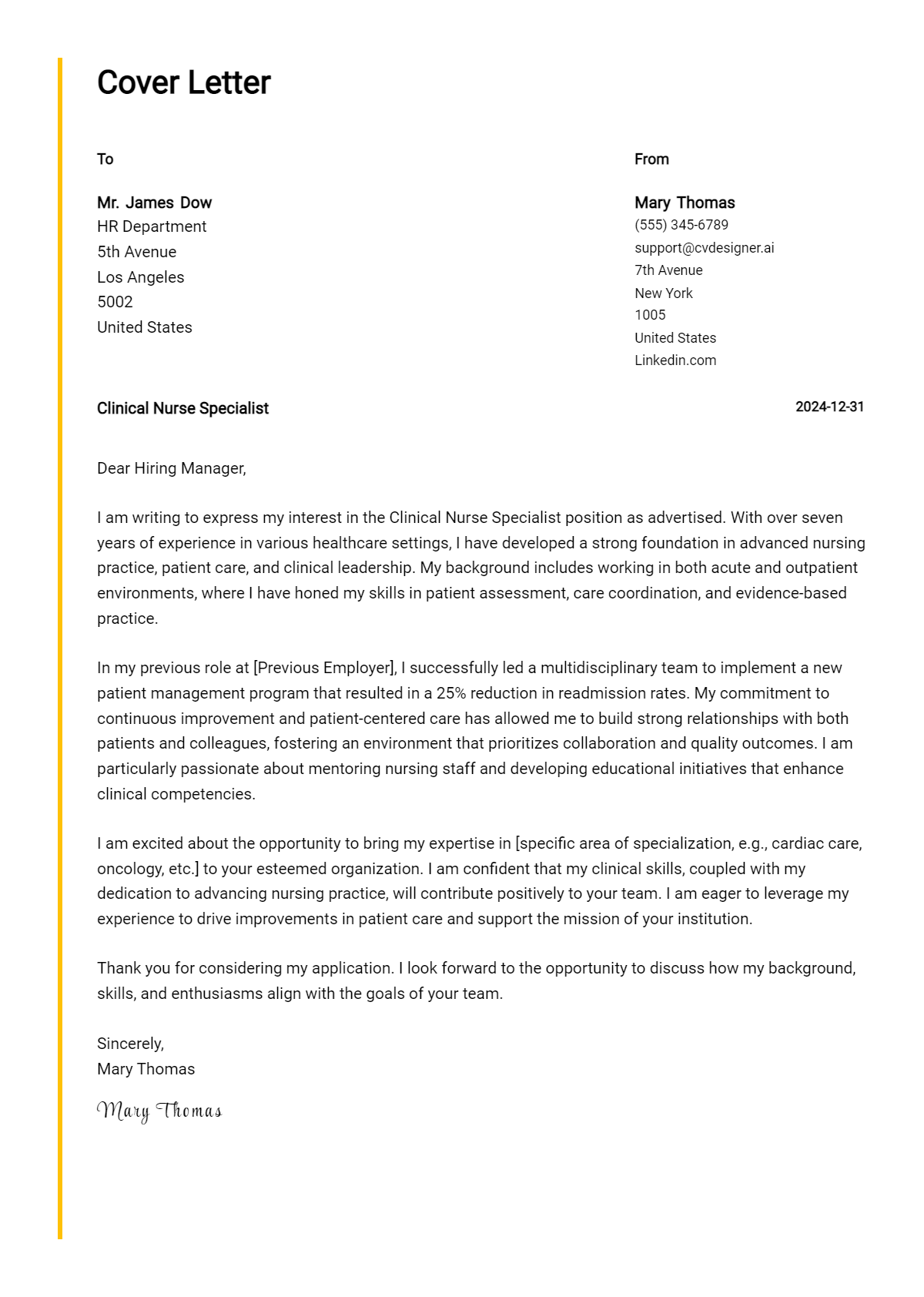 clinical nurse specialist cover letter example