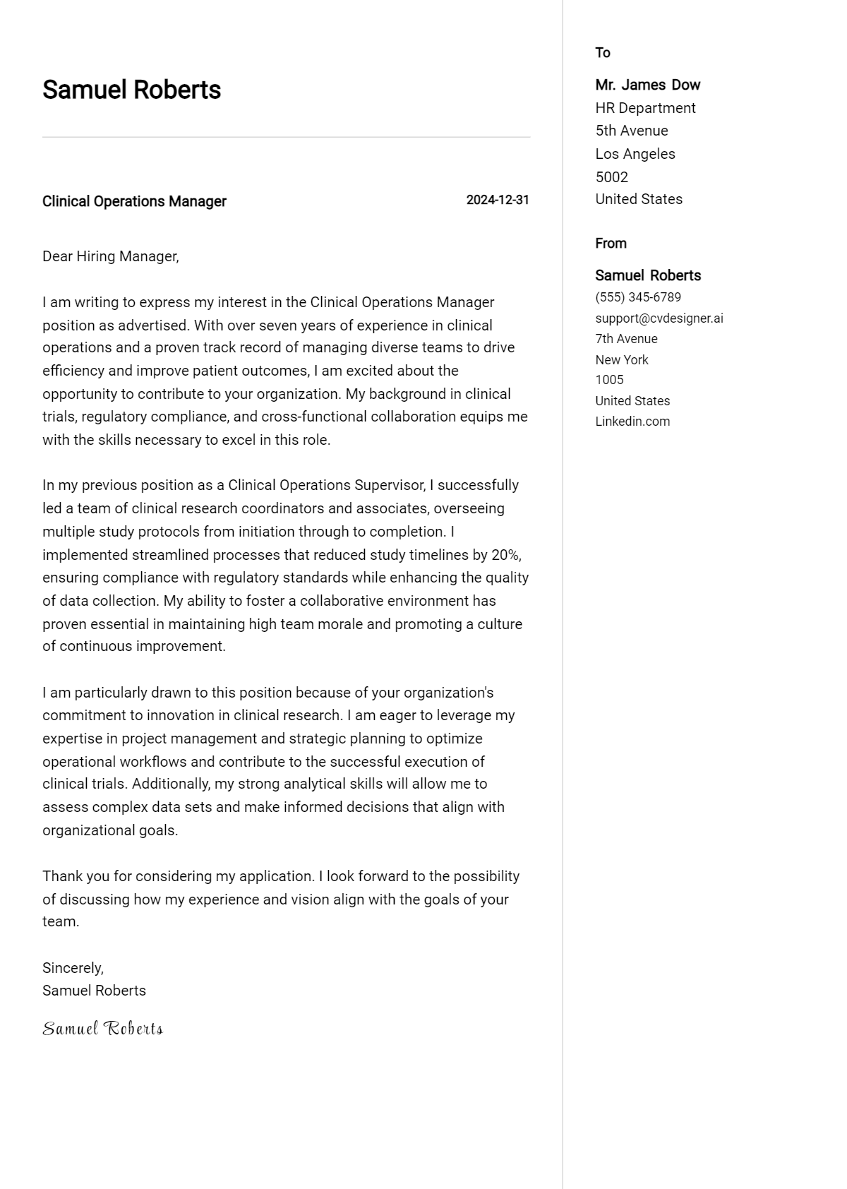 clinical operations manager cover letter example