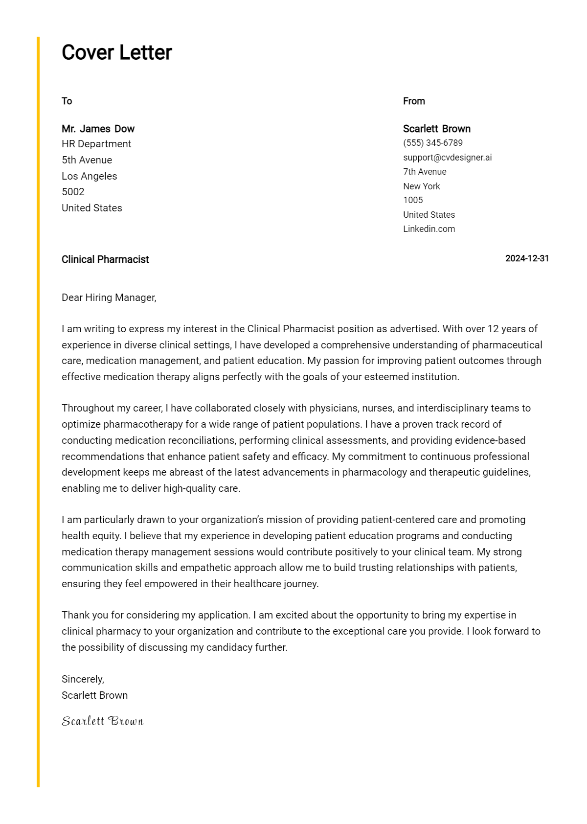 clinical pharmacist cover letter example