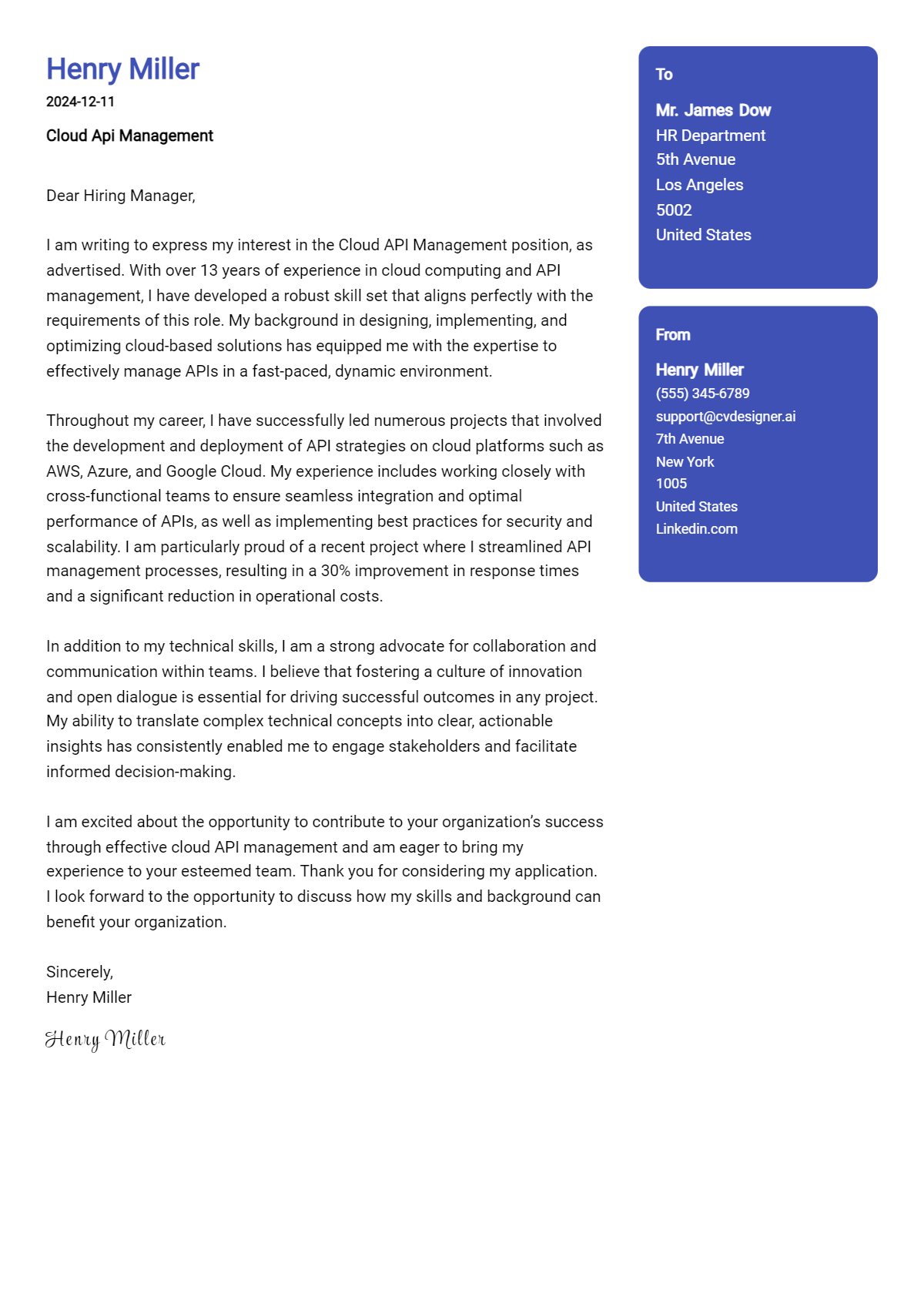 cloud api management cover letter example