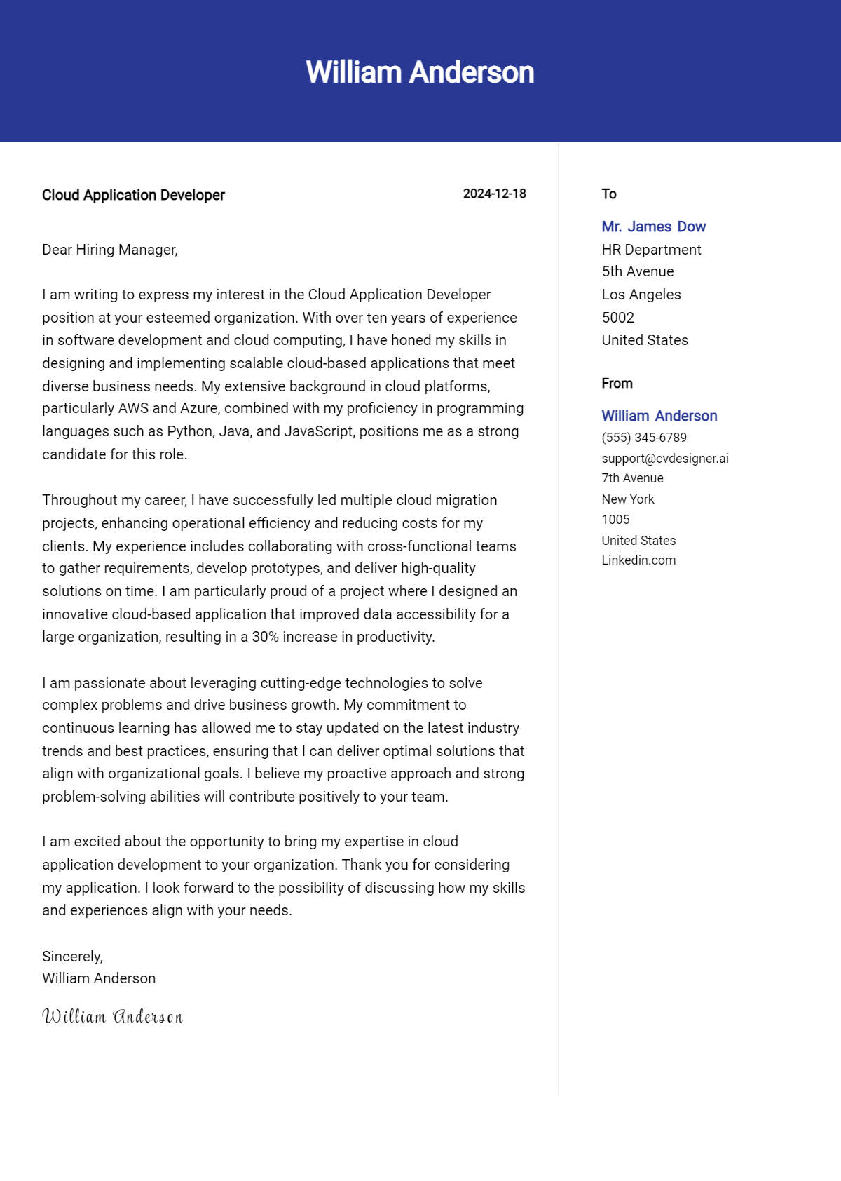 cloud application developer cover letter example