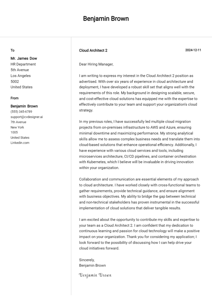 cloud architect 2 cover letter example