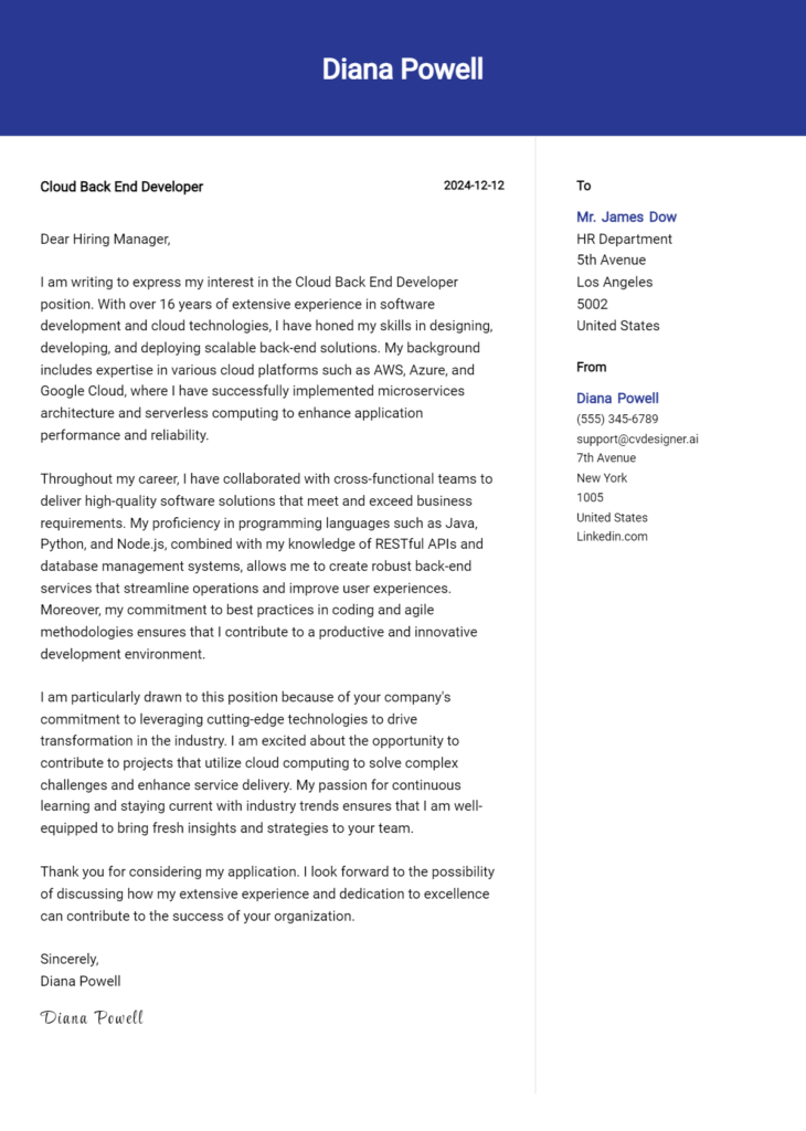 cloud back end developer cover letter example