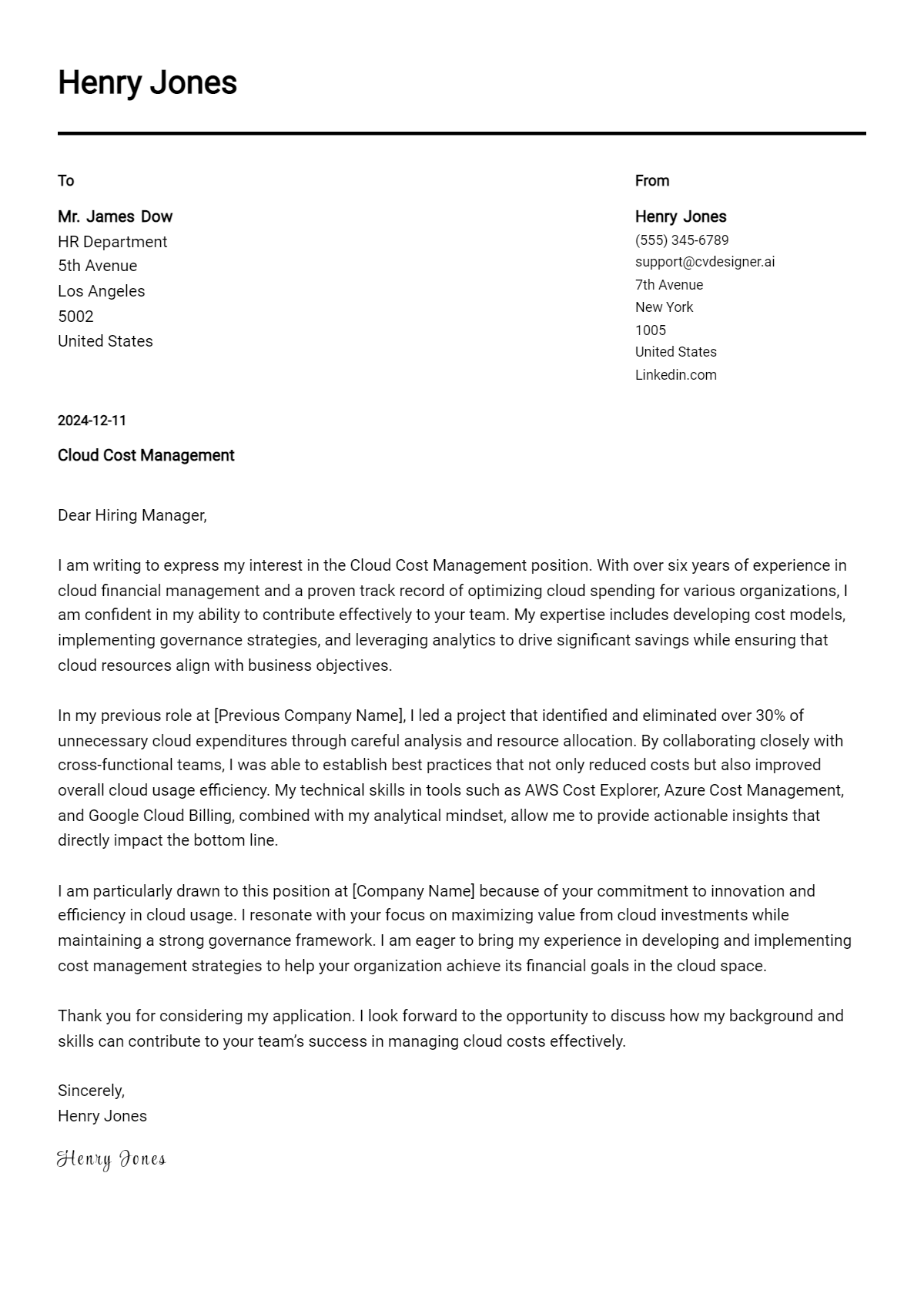 cloud cost management cover letter example