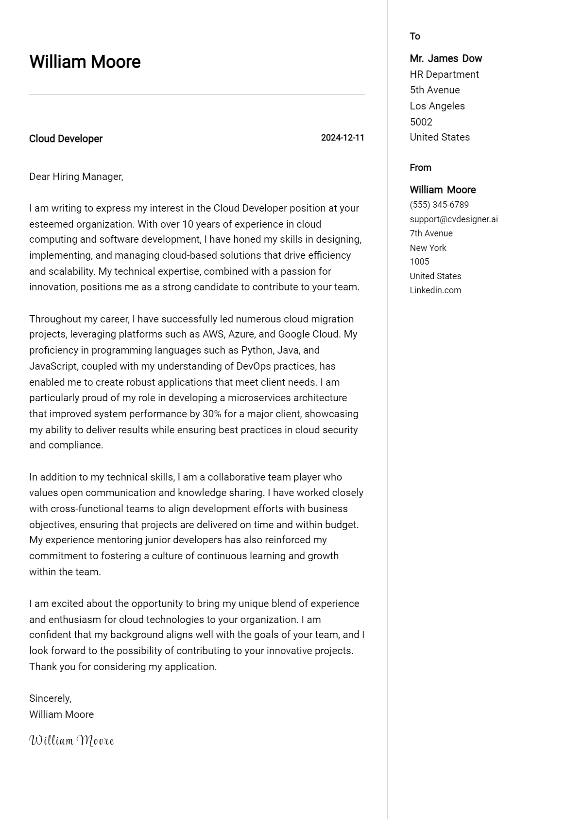 cloud developer cover letter example