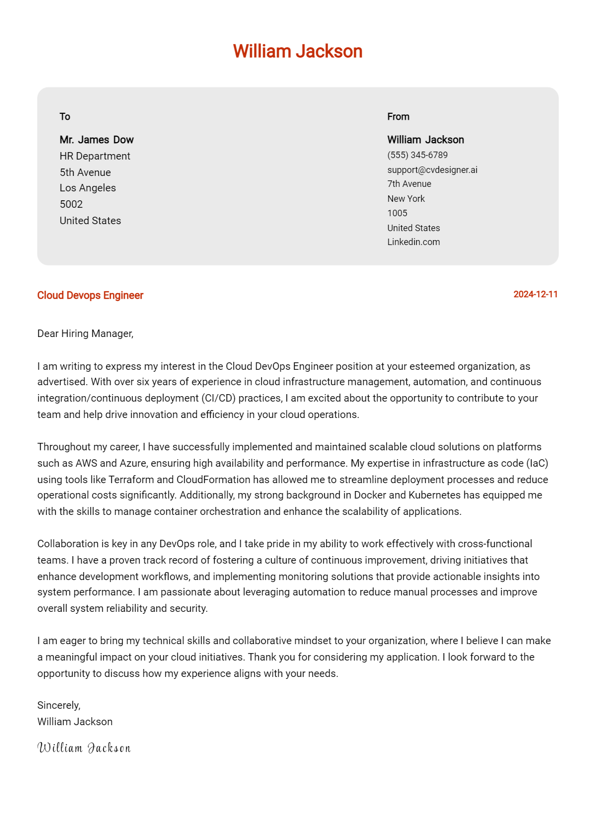 cloud devops engineer cover letter example