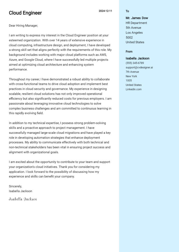 cloud engineer cover letter example