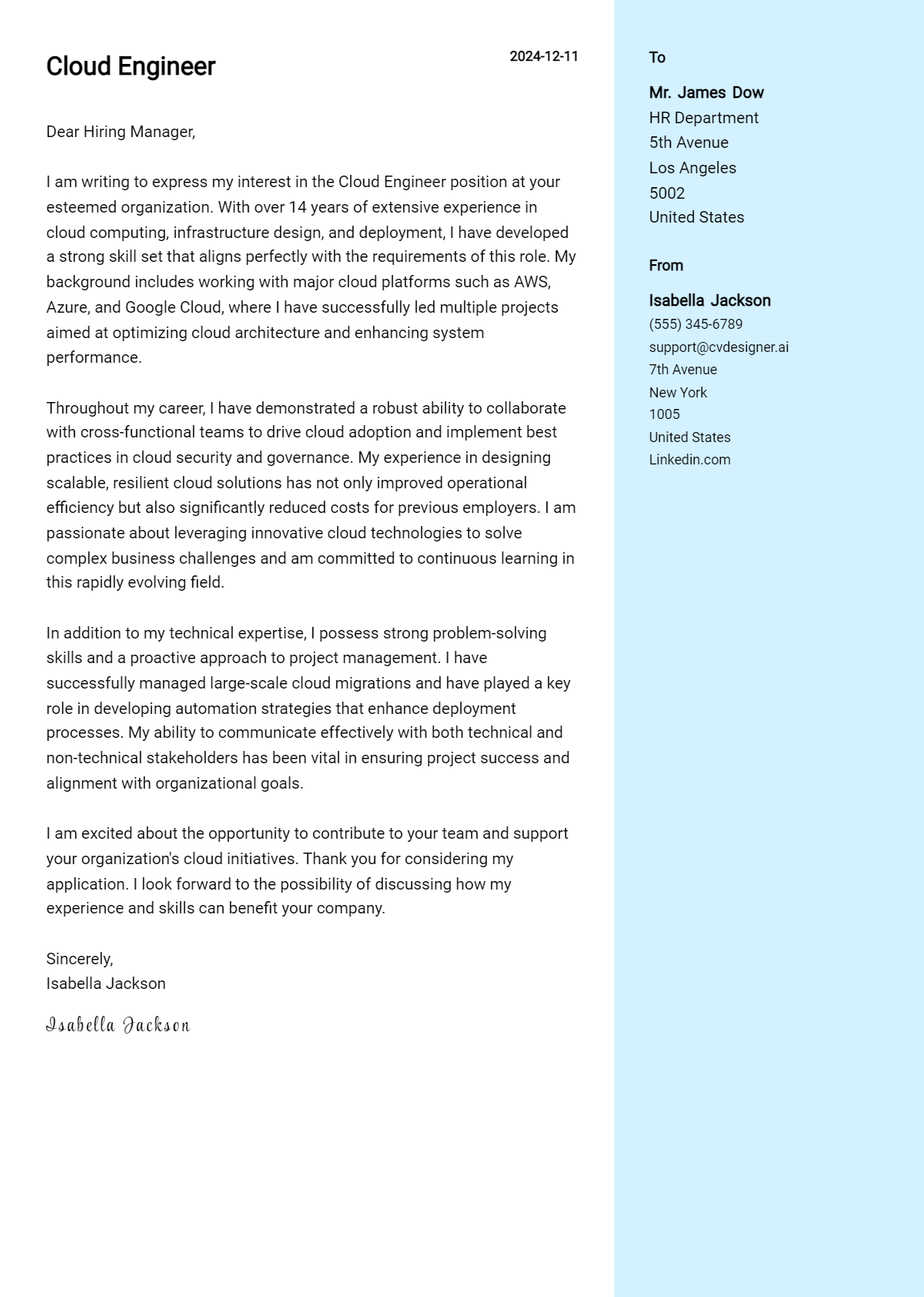 cloud engineer cover letter example