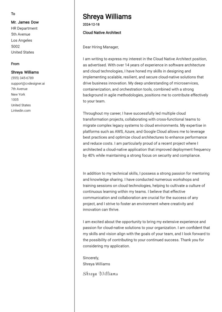 cloud native architect cover letter example