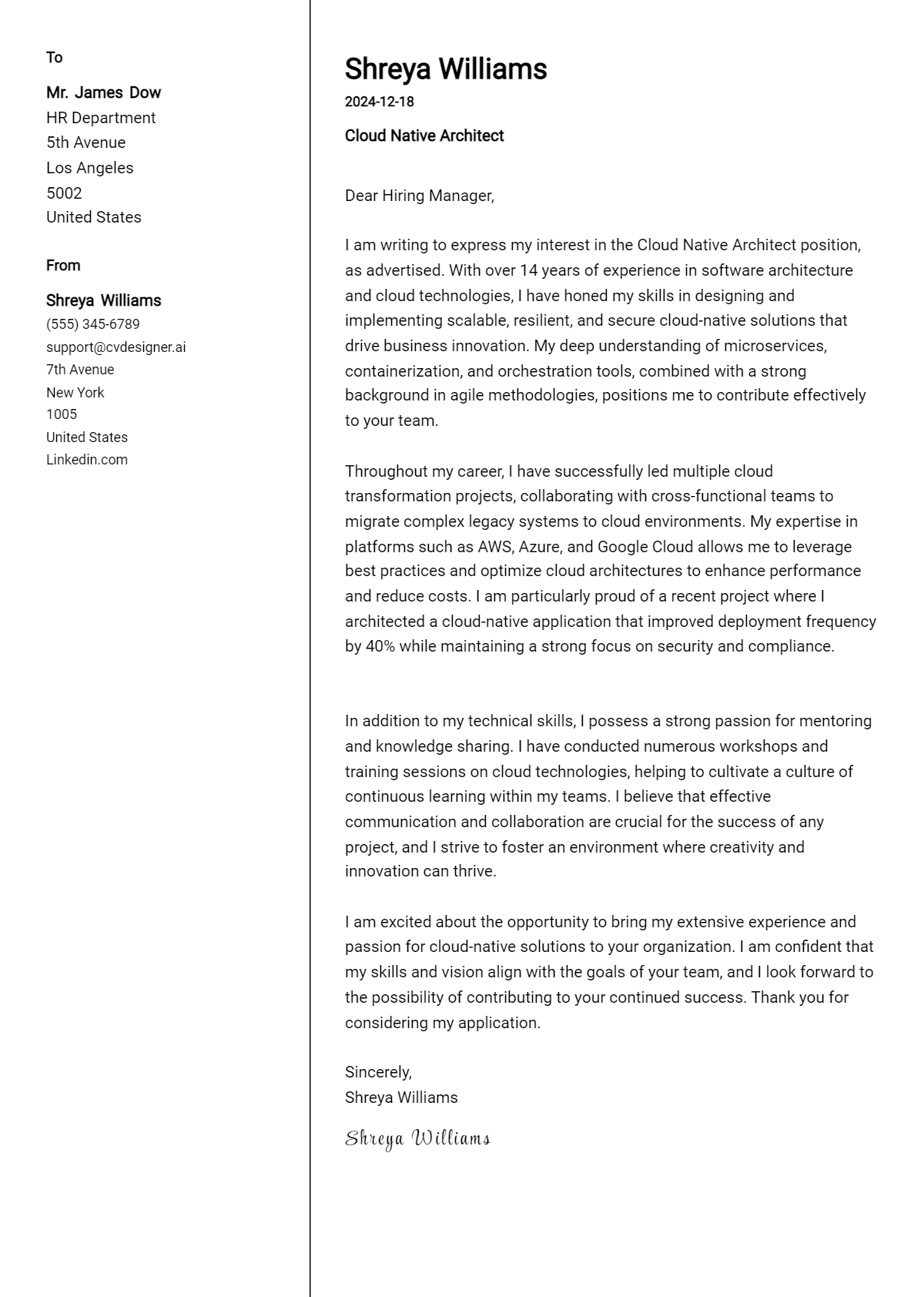 cloud native architect cover letter example