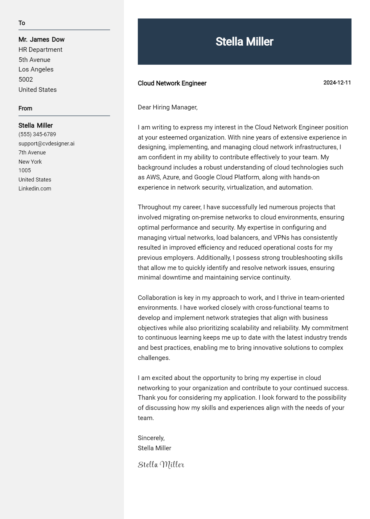 cloud network engineer cover letter example