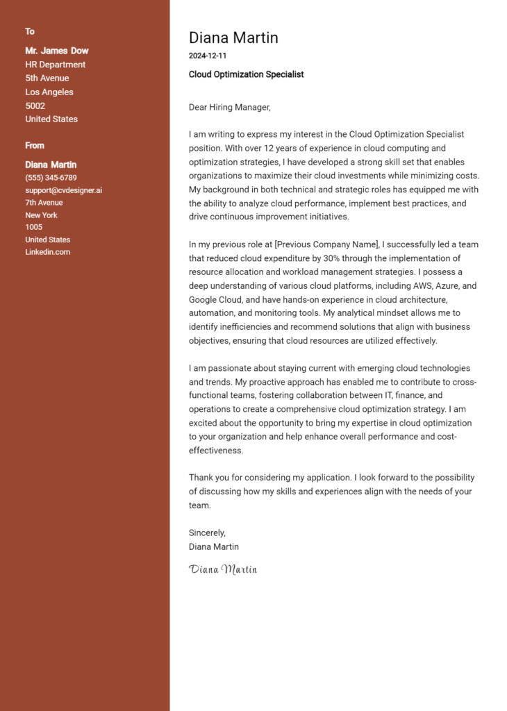 cloud optimization specialist cover letter example