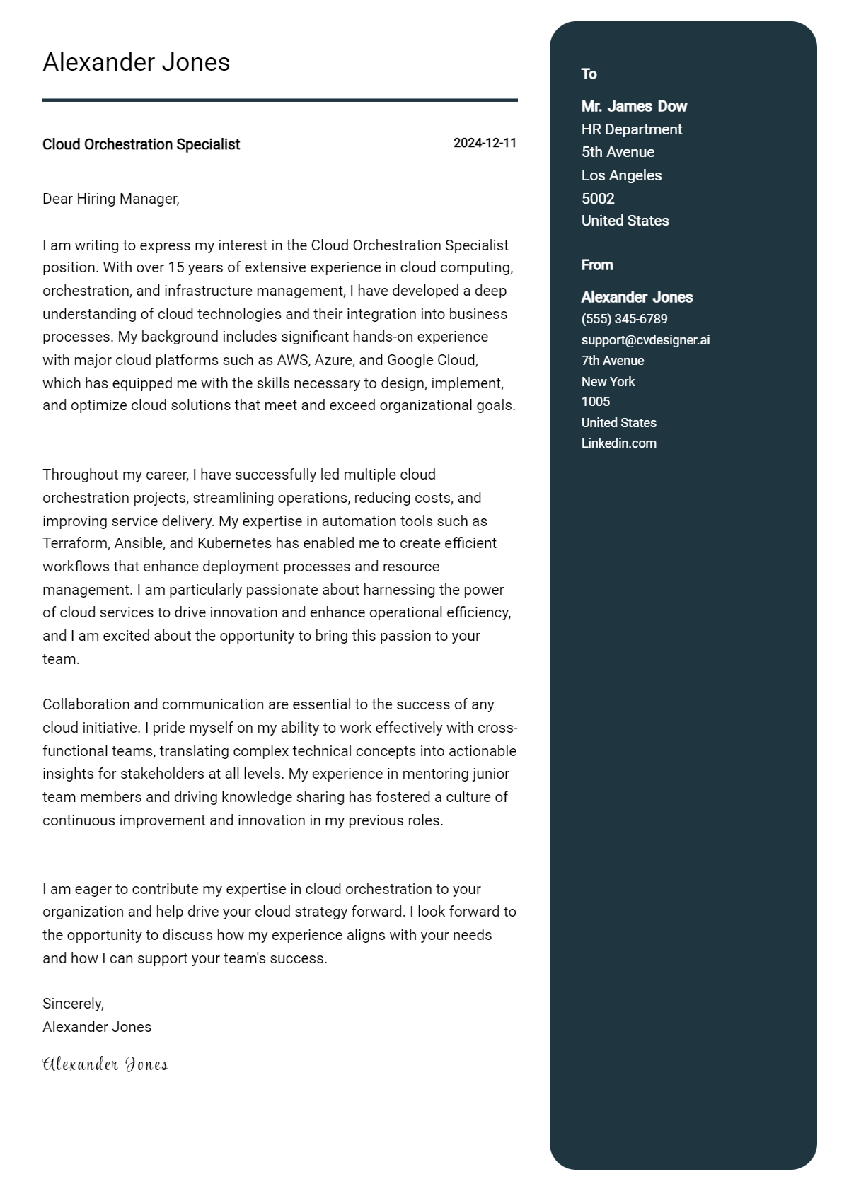 cloud orchestration specialist cover letter example