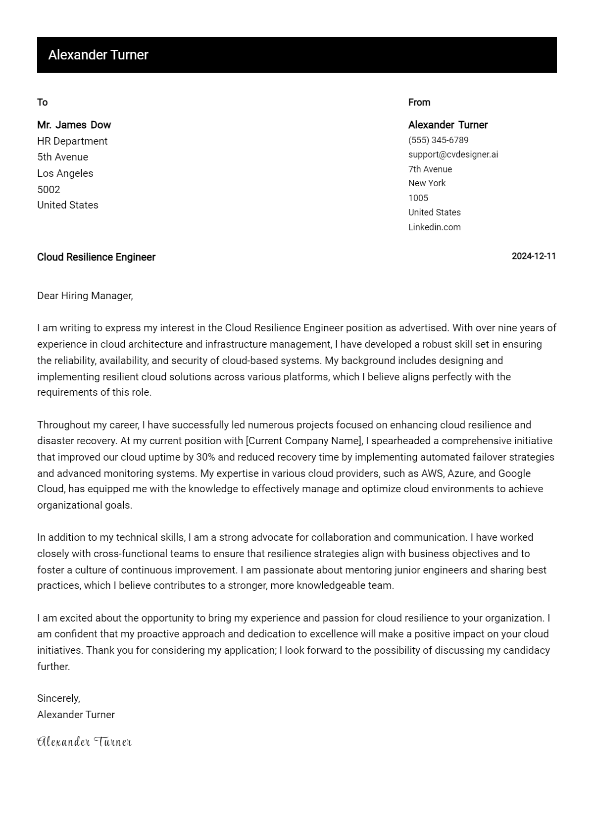 cloud resilience engineer cover letter example