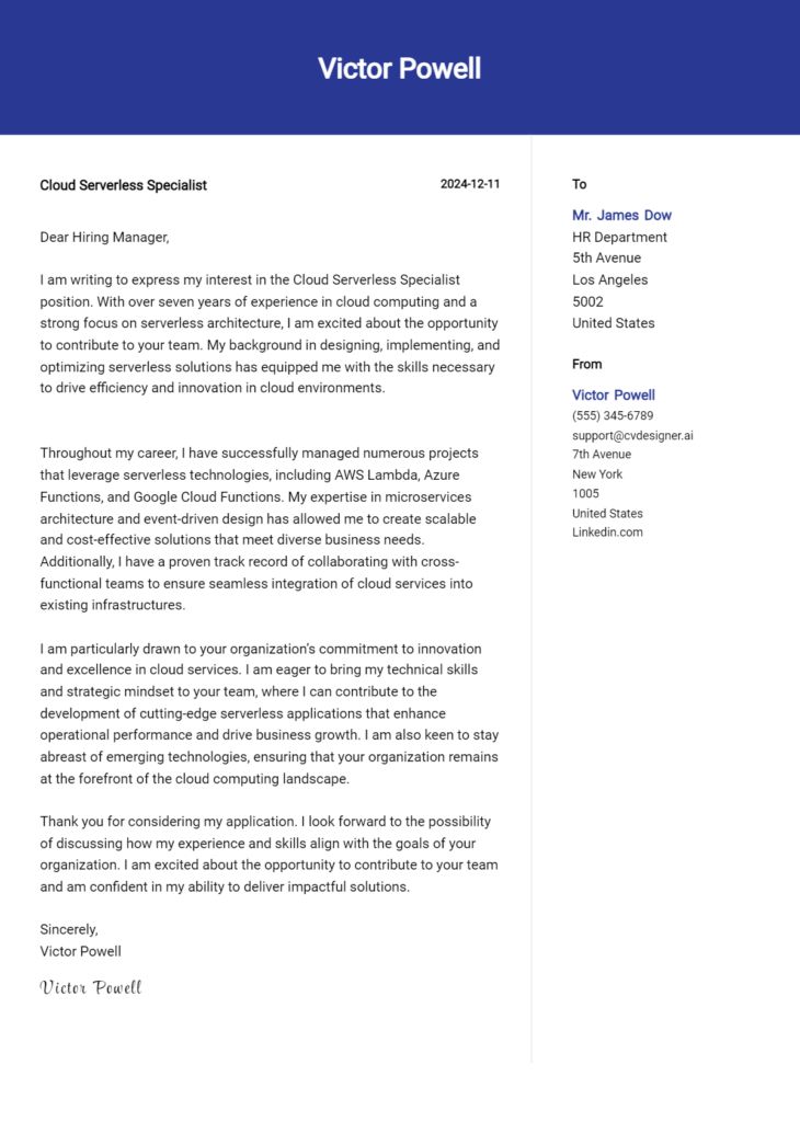 cloud serverless specialist cover letter example