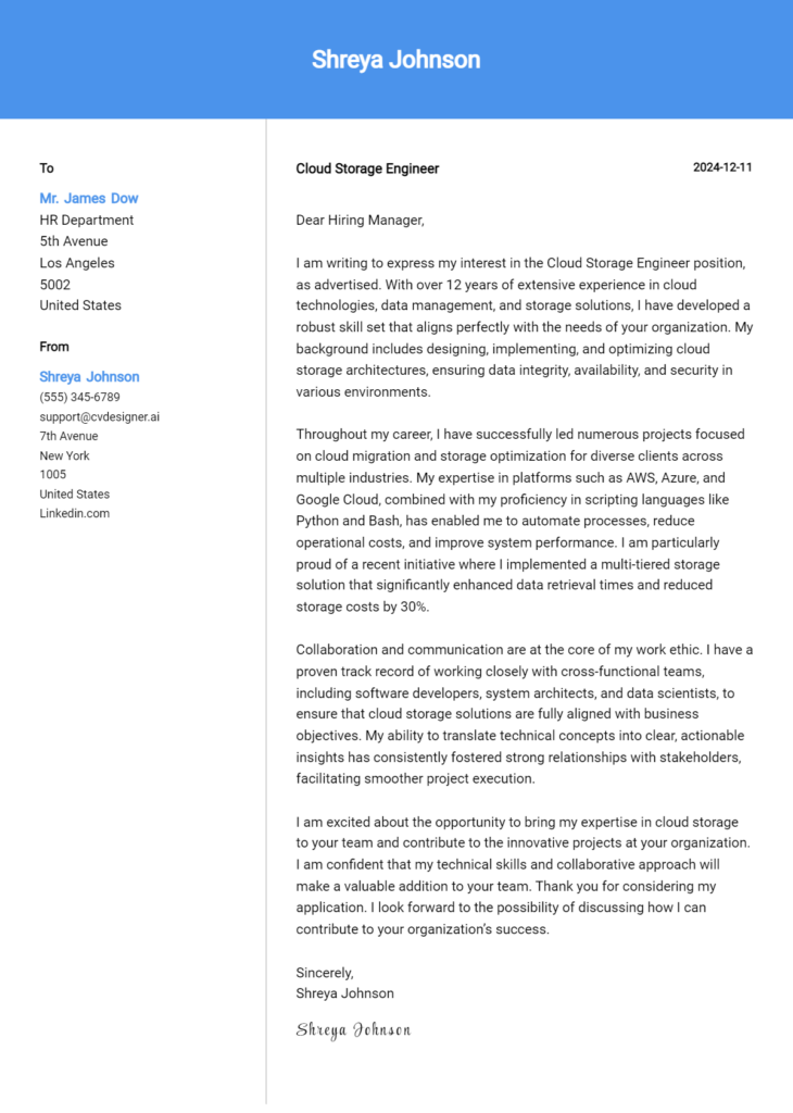 cloud storage engineer cover letter example