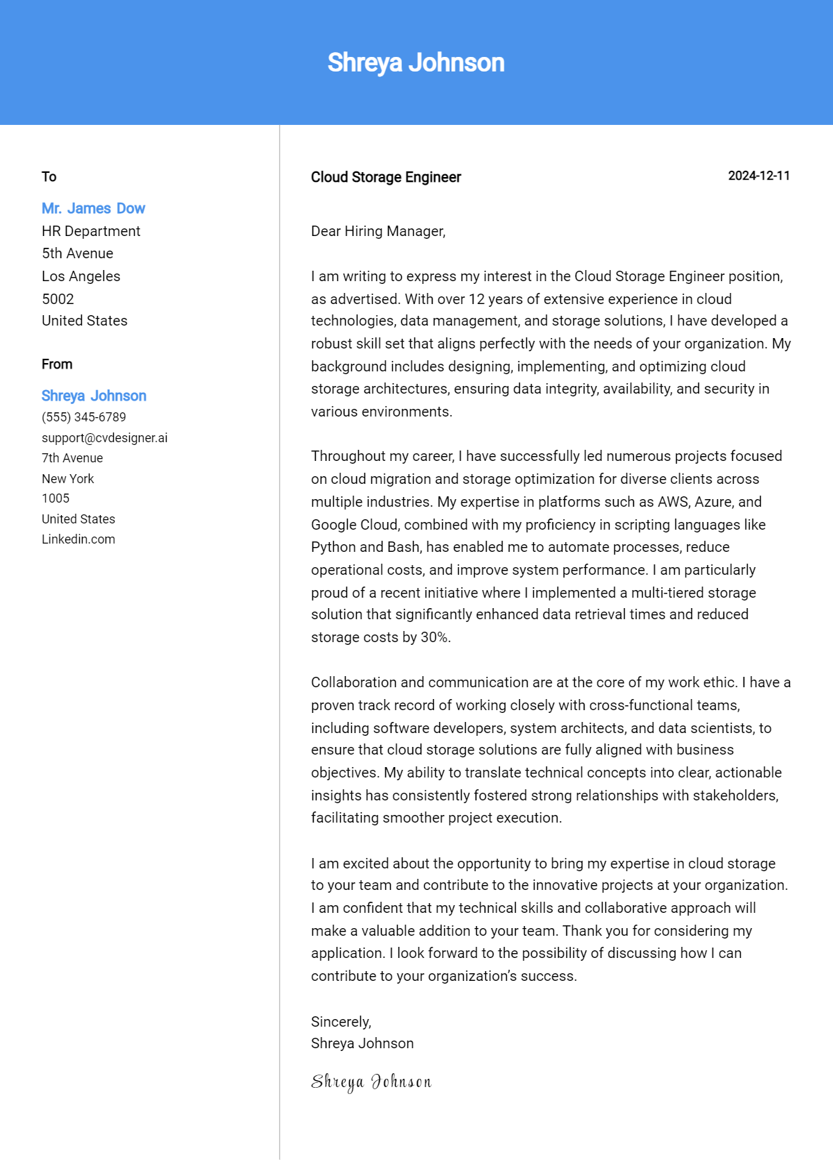 cloud storage engineer cover letter example