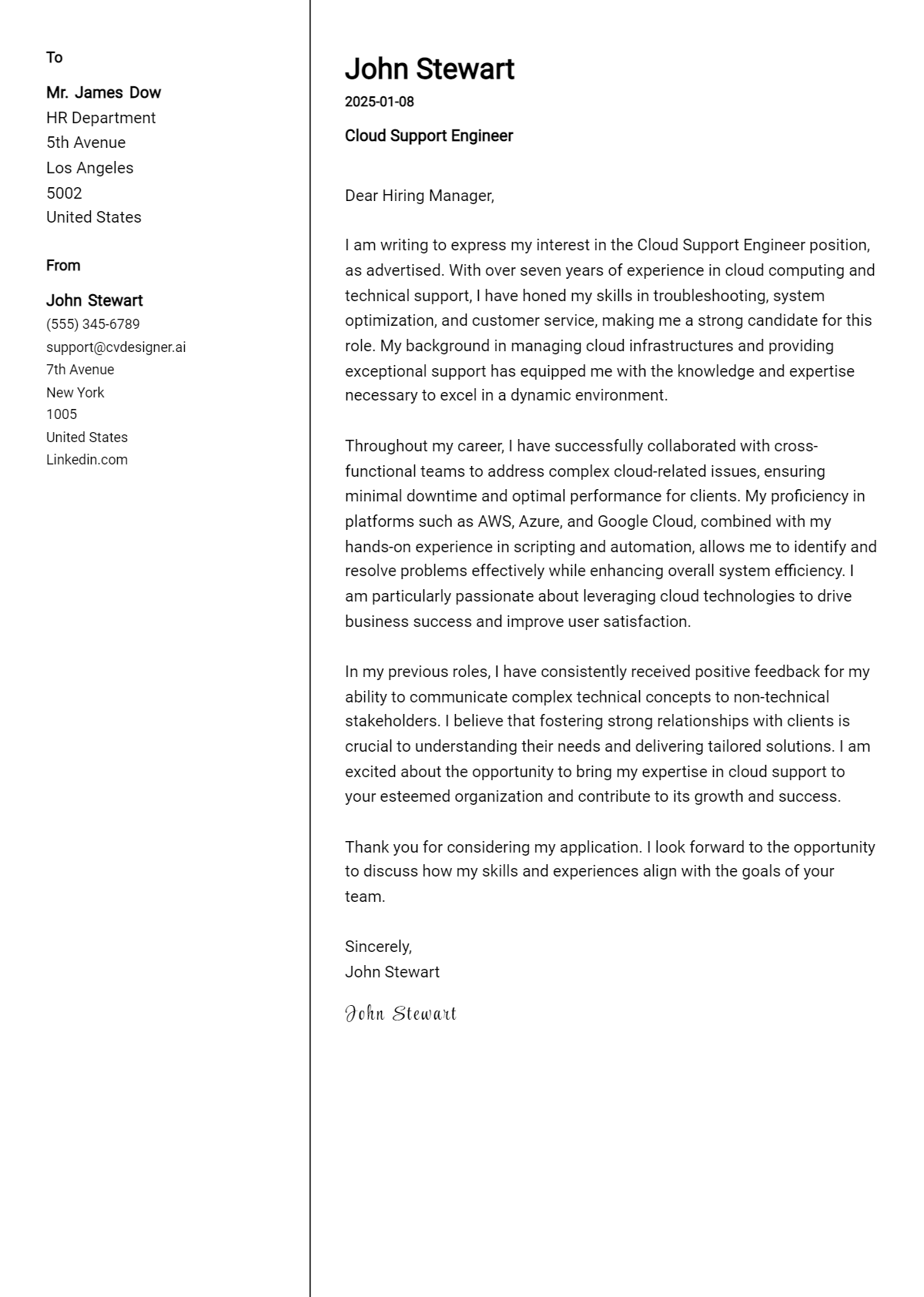 cloud support engineer cover letter example