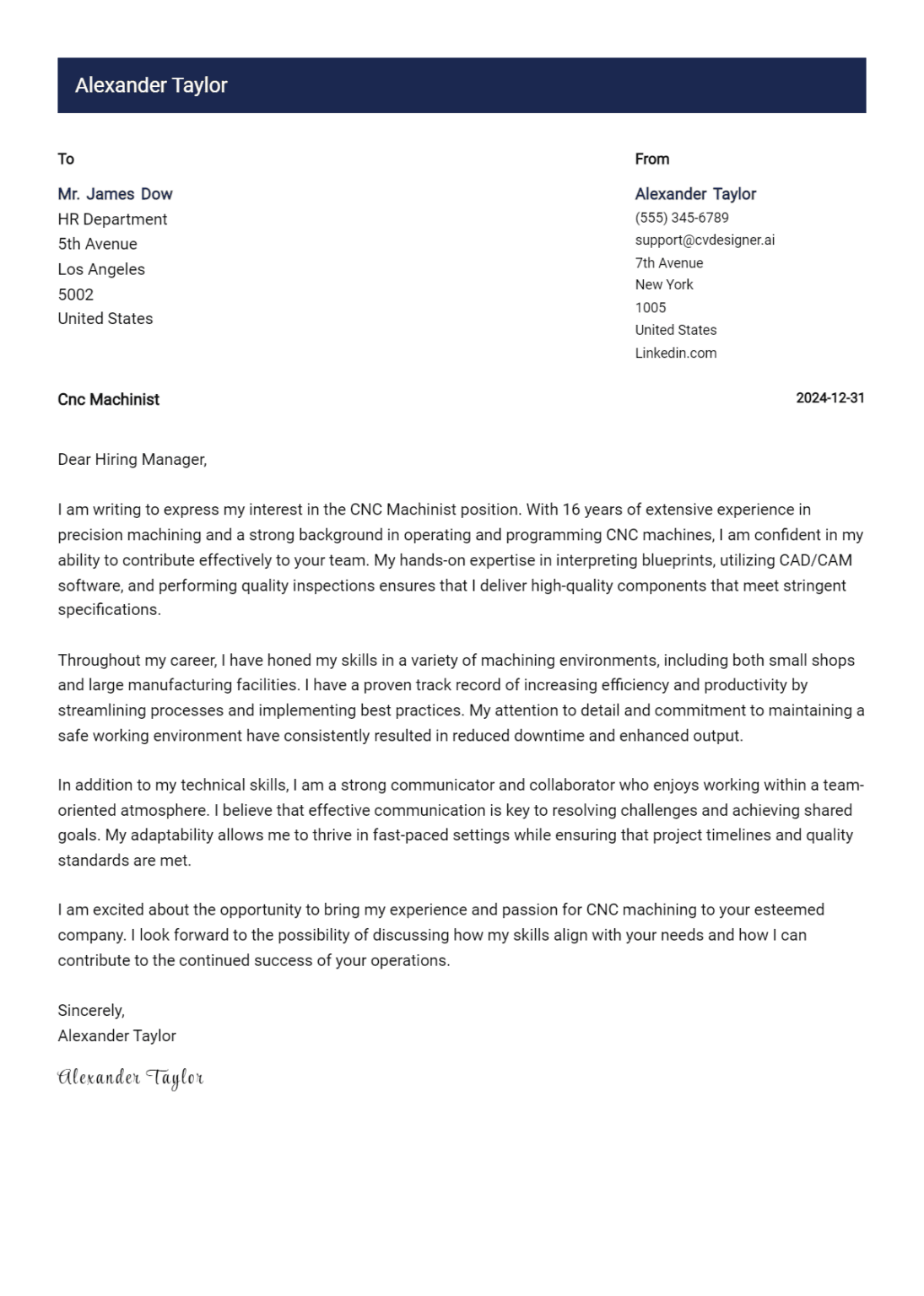 18 CNC Machinist Cover Letter Examples And Templates for 2025 ...