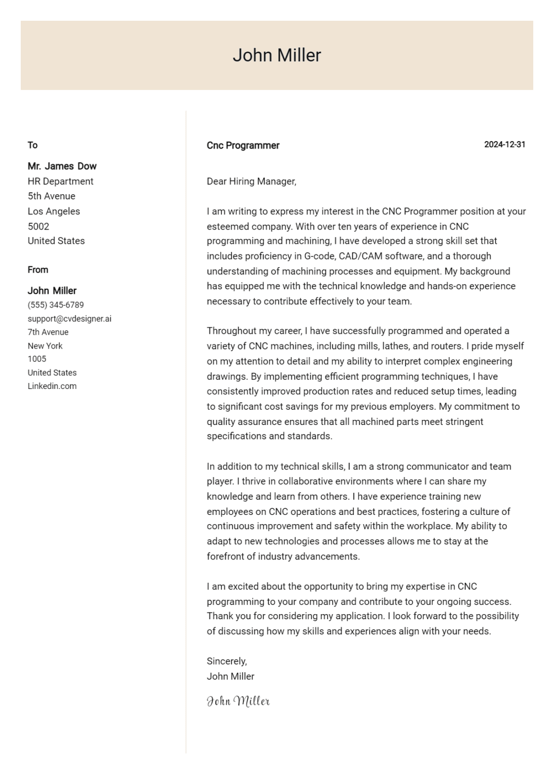 21 CNC Programmer Cover Letter Examples And Templates for 2025 ...