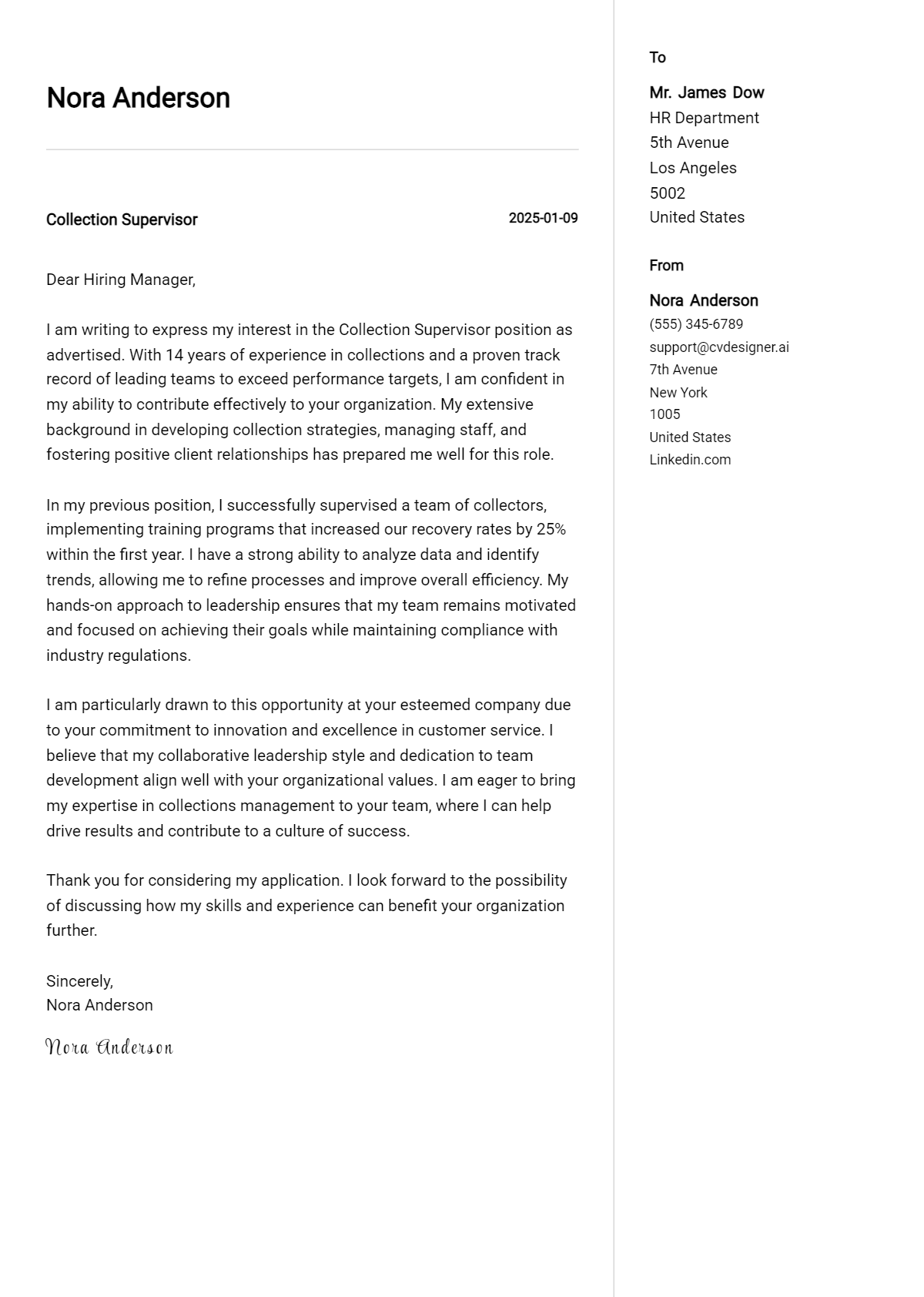 collection supervisor cover letter example