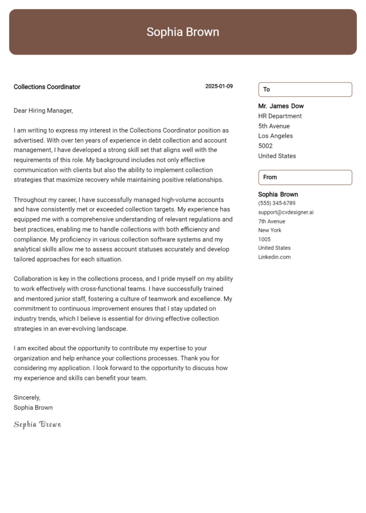 collections coordinator cover letter example