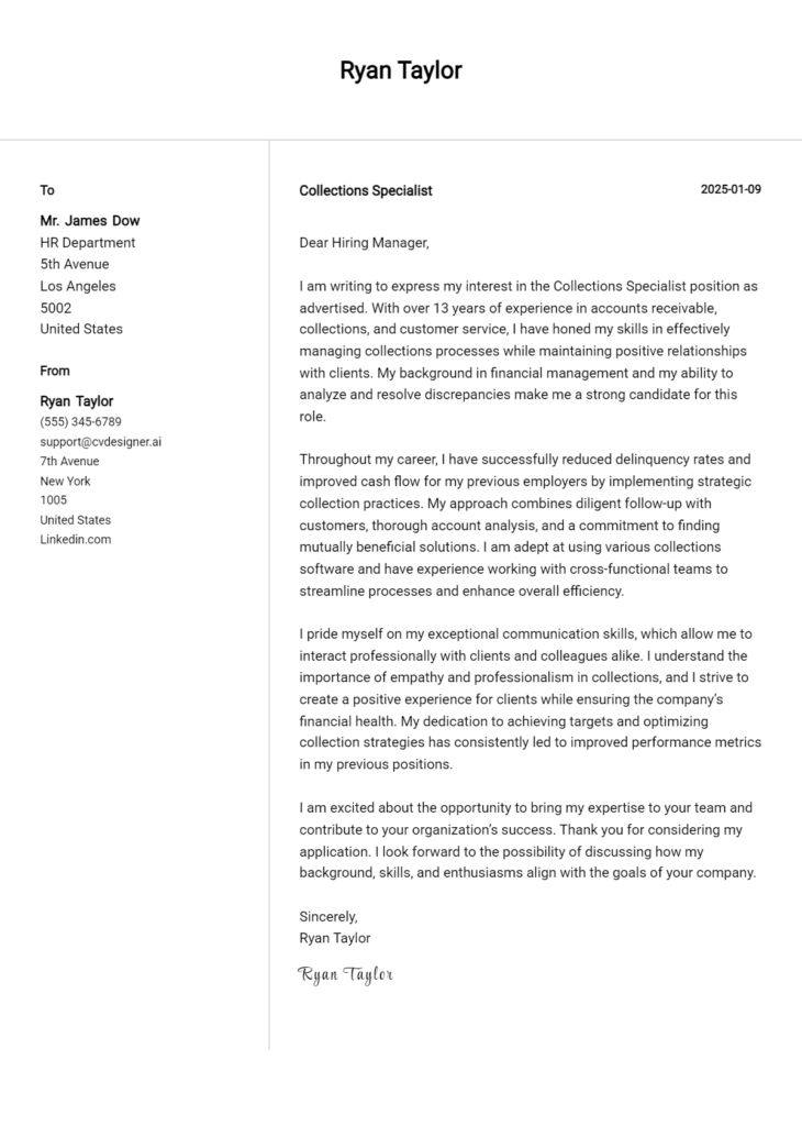 collections specialist cover letter example