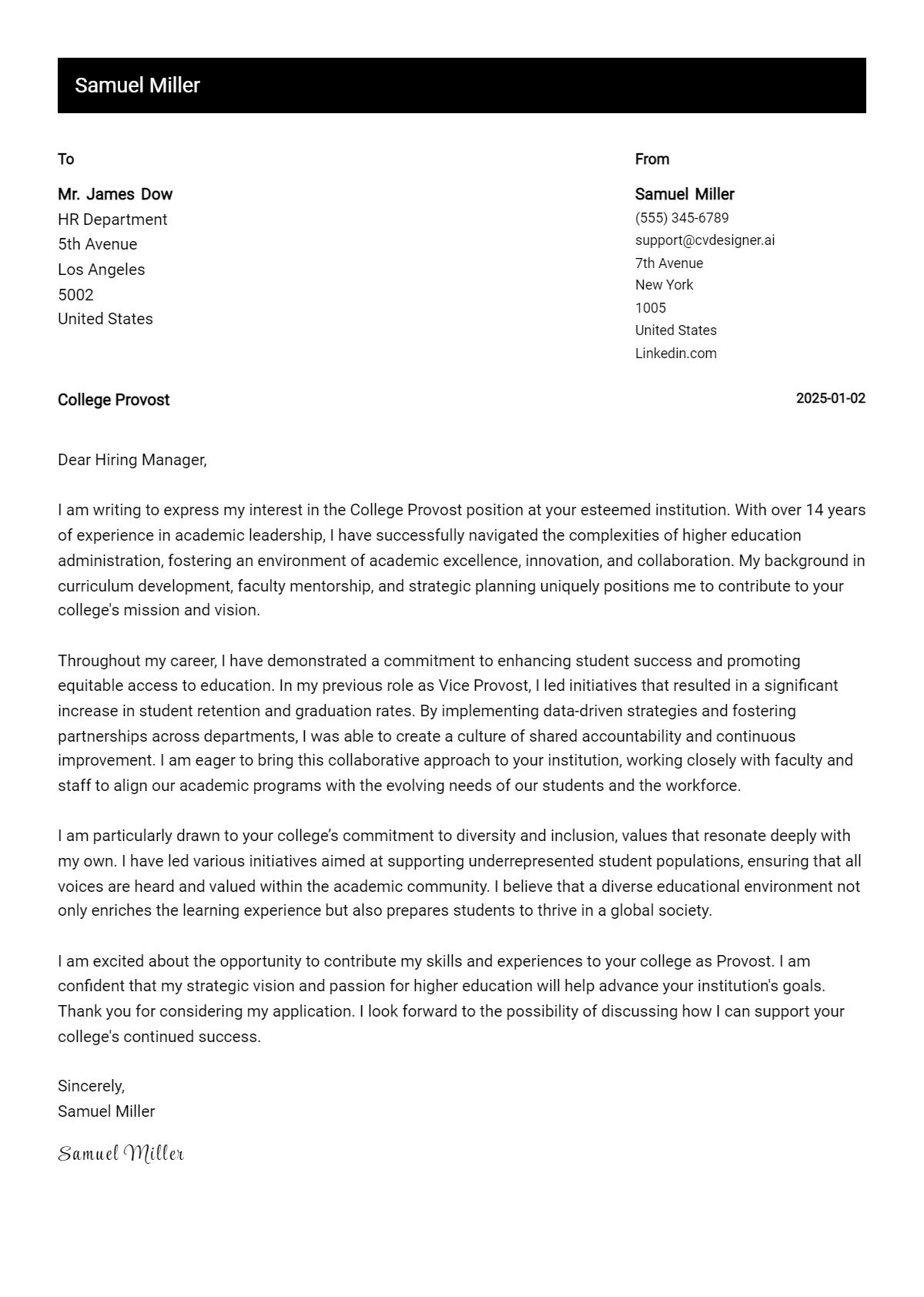 college provost cover letter example