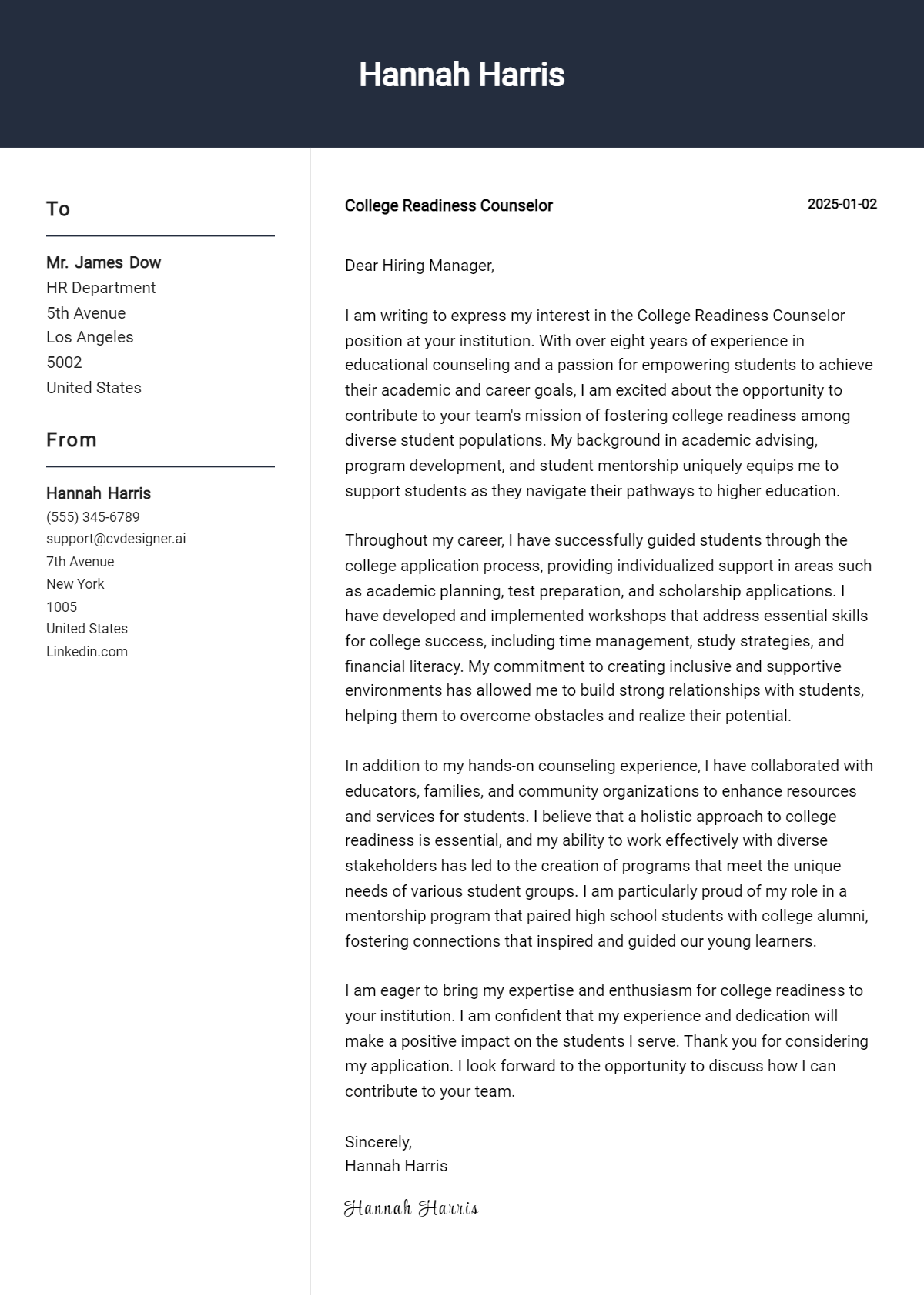 college readiness counselor cover letter example