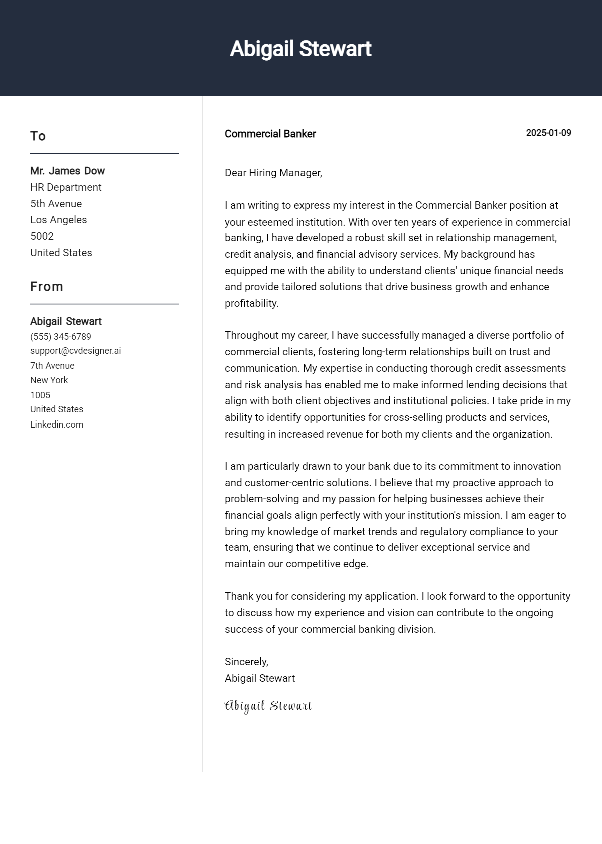 commercial banker cover letter example