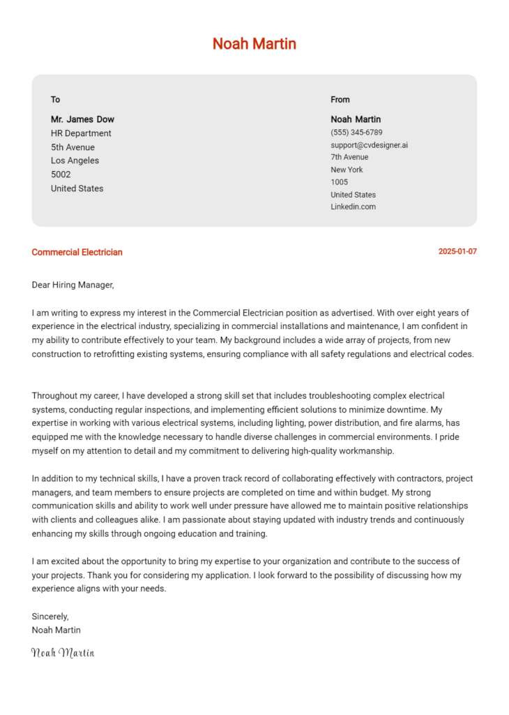 commercial electrician cover letter example