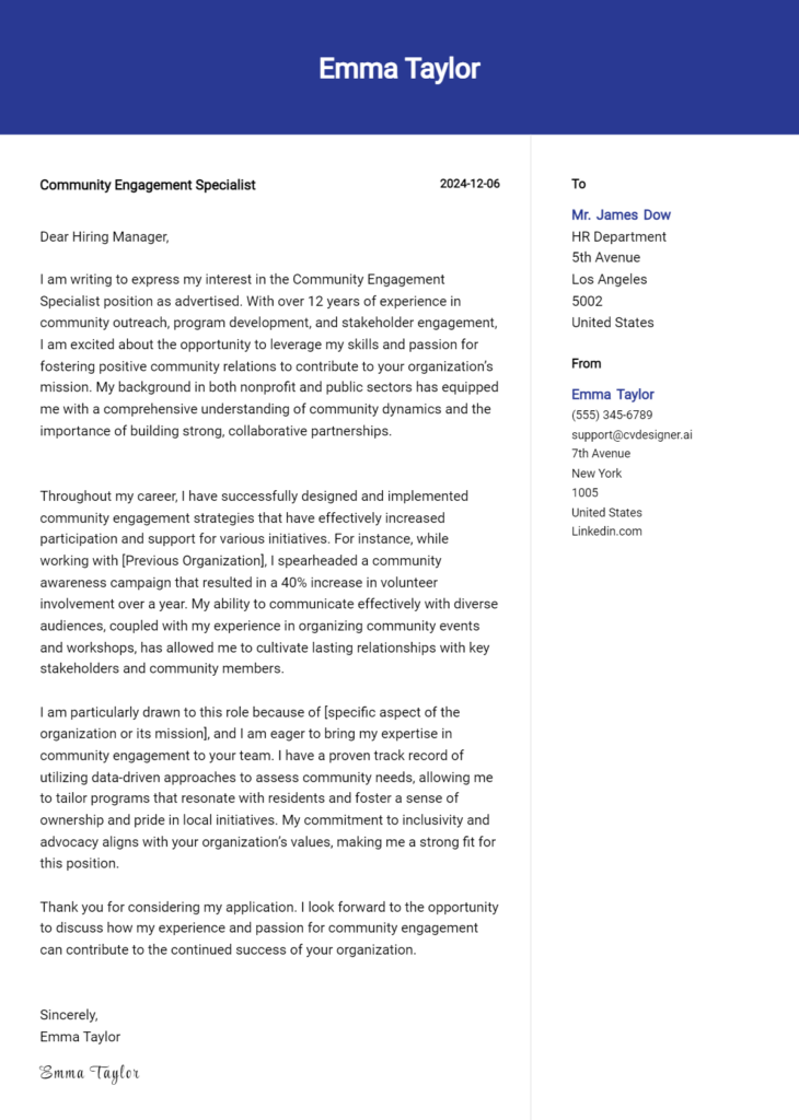 community engagement specialist cover letter example