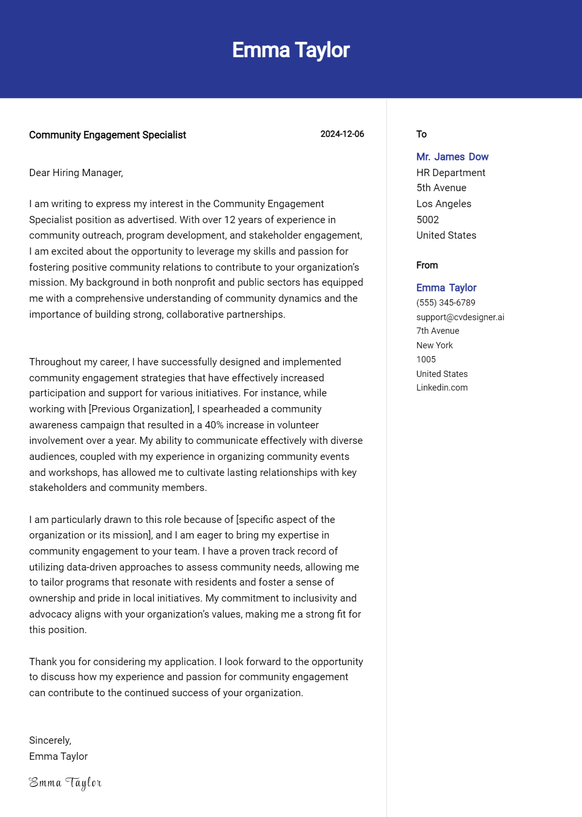 community engagement specialist cover letter example