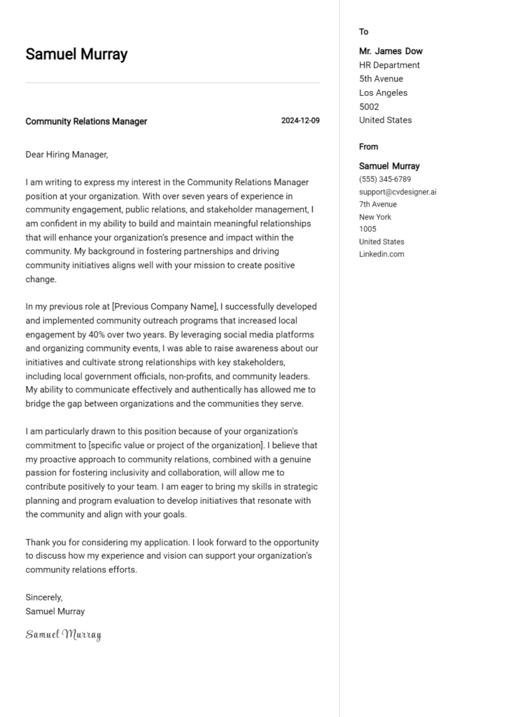 community relations manager cover letter example