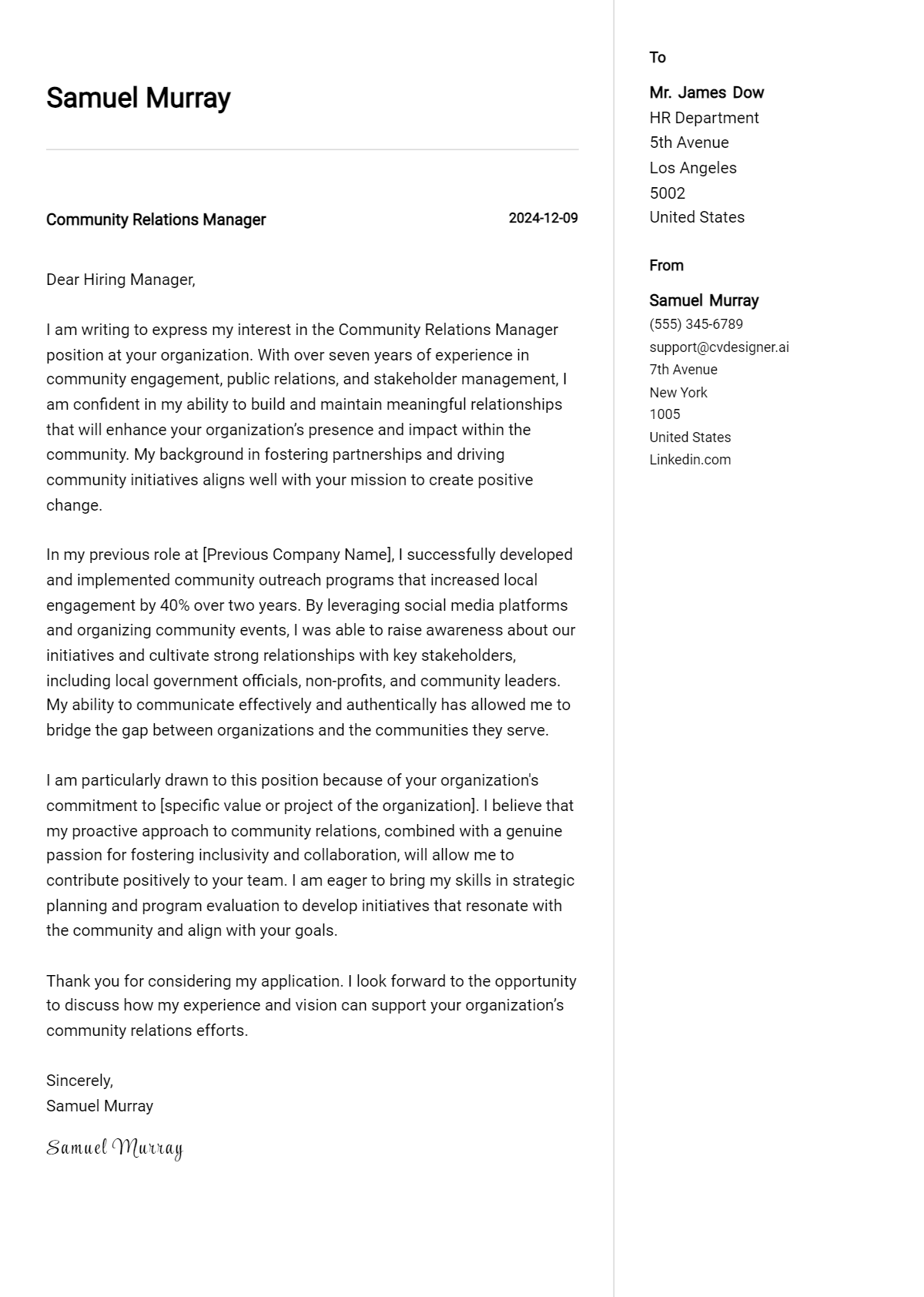 community relations manager cover letter example