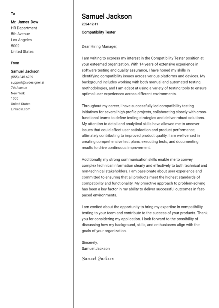 compatibility tester cover letter example