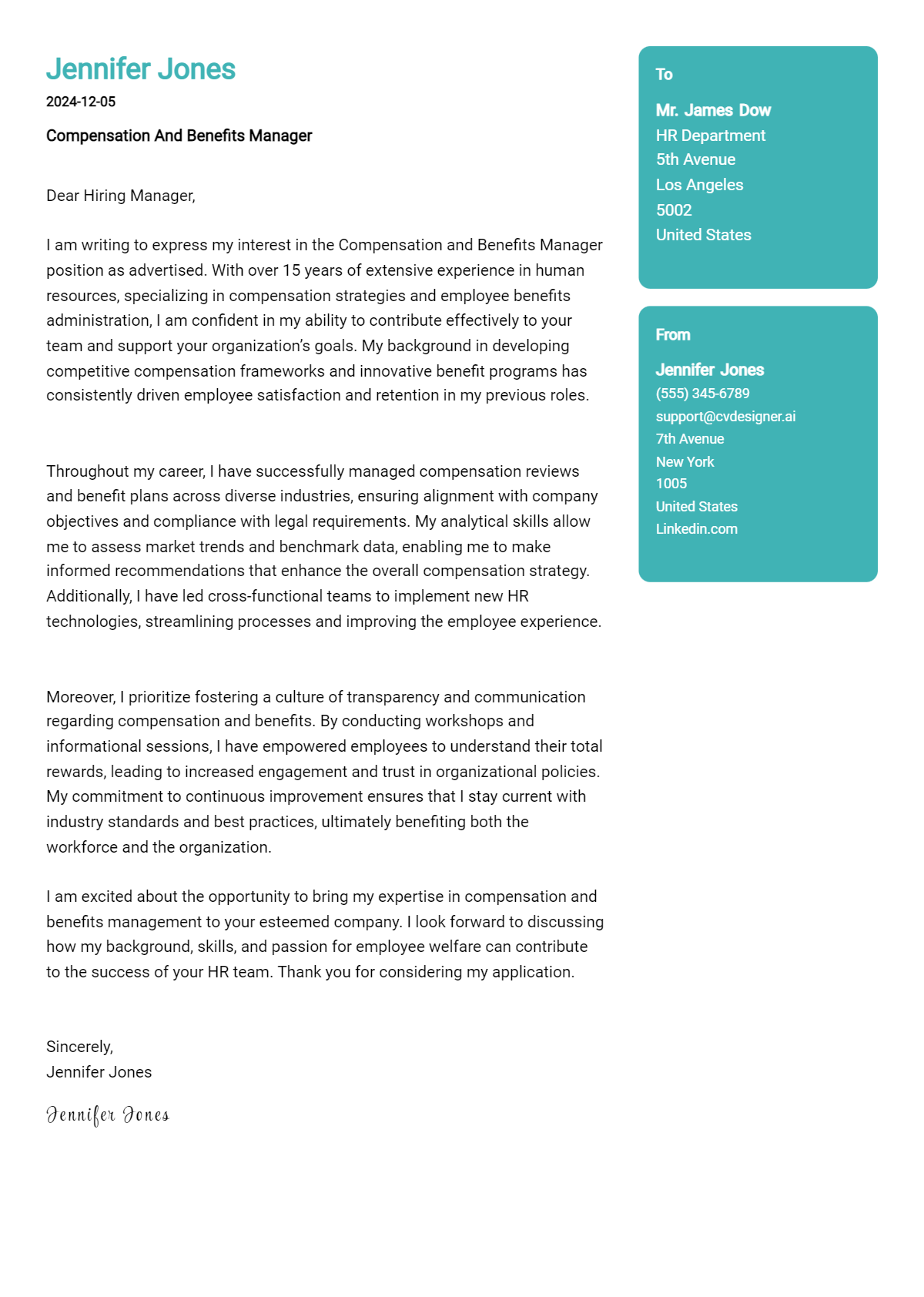 compensation and benefits manager cover letter example