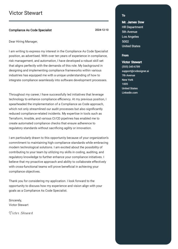 compliance as code specialist cover letter example